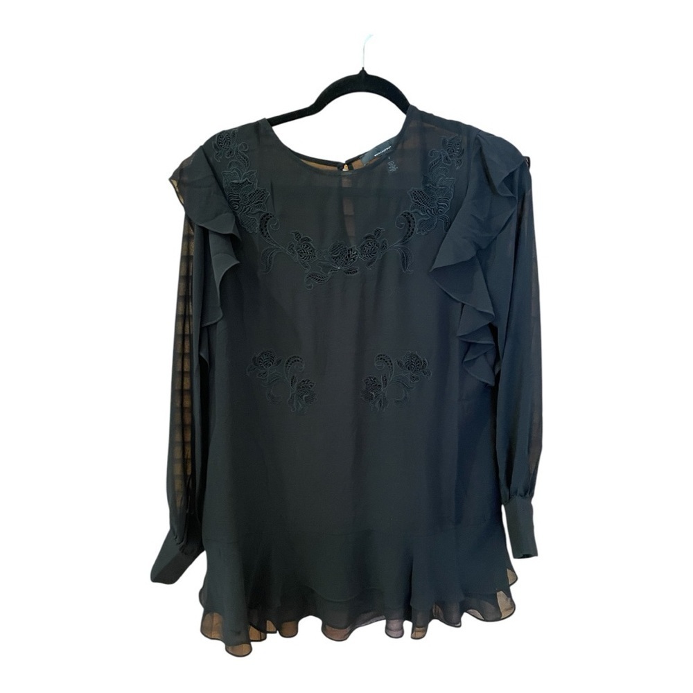 White House Black Market Sheer Tunic Top, Size 6, Appliquéd with Ruffles.